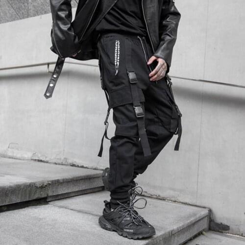 Hip Hop Joggers Men Black Harem Cargo Pants Multi-pocket Ribbons Man Sweatpants Streetwear Casual Mens Pants Fashion