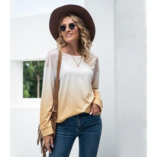 Gradient Color T-shirt Sweater Round Casual Cross Border Women Clothes Womens Autumn Solid Slim 2021 Neck Fashion Outer To