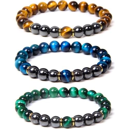 Hematite Charm Tiger Eye Bracelets For Men Natural Stone Elastic Rope Strand Beads Healing Reiki Meditation Bracelet Wholesale