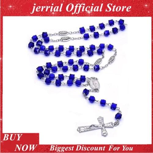 Catholic Rosary Square Blue Glass Beads Necklace Virgin Mary Jesus Handmade Jewelry For Men And Women 2020 New