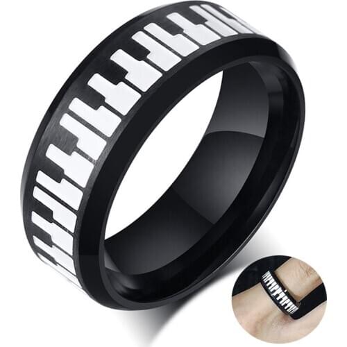 Piano Keys Ring Stainless Steel 2-tone Musical Theme 8mm Wedding Band Anniversary Band Men Women Keyboard Ring