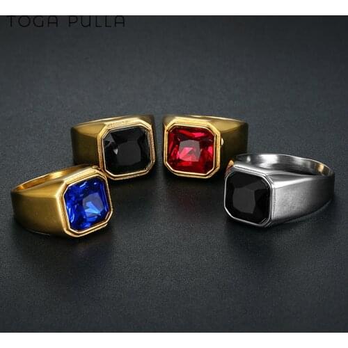 Big Size 7~15 Polishing Black/Red/Blue Stone Ring 316L Stainless Steel Jewelry Cool Polishing Simple Square Cocktail Ring