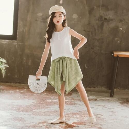 Big Girls Clothing Sets 2021 Summer Teenage Little Girl Clothes Outfit Kids Suit Children White Tops And Green Skirts Set
