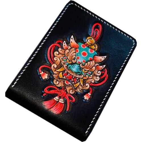Short Cow Leather Hand Carved Chinese Knot Lion Wallets Purses Women Men Clutch Vegetable Tanned Leather Wallet Card Holder