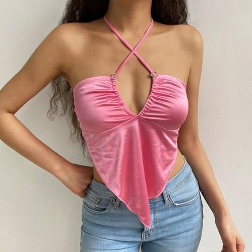 Y2k Crop Tops Satin Sexy Bandage Halter Cami V Neck Runched Spaghetti Strap Tee Women New Trend Party Shirt 90s Fashion