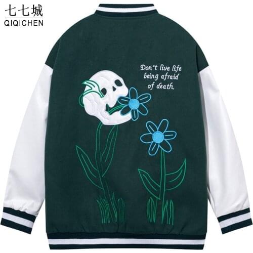 Hip Hop Baseball Jacket Men Skull Head Flowers Embroidery Color Block Bomber Jackets Japanese Harajuku Retro Varsity Coat Autumn