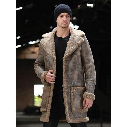 Genuine Leather Jacket Men New Mens Shearling Jacket Long Single-breasted Sheepskin Leather Jacket Wool Liner