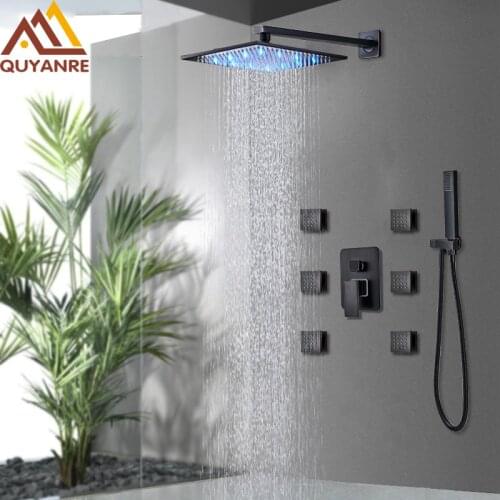 Quyanre Black LED Shower Faucet Set LED Rainfall Shower Head 6pcs Massage SPA Jets 3-way Hot Cold Mixer Tap Bath Shower System