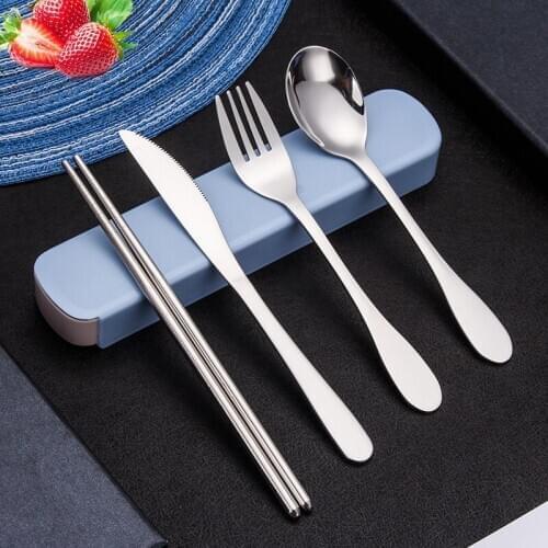 4Pcs Stainless Steel Tableware Set with Box Spoon Fork Table Knife Chopsticks Flatware Student Travel Portable Kitchen Cutlery