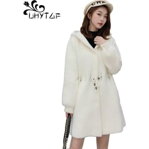 UHYTGF Fashion Beading Autumn Winter Coat Women Quality Mink Fleece Elegant Jacket Mid-Length Cardigan Female Warm Outerwear1408