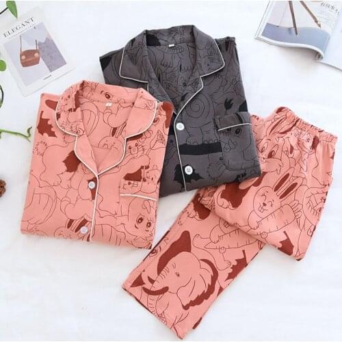 Men and Women Pajama Set Long-sleeved Knitted Cotton Pajamas Cartoon Print Lounge Wear Casual Comfort 2 Piece Couple Sleepwear