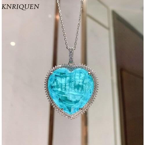 2021 32*32mm Heart Blue Crystal Paraiba Tourmaline Moissanite Gemstone Pendant Necklace for Women Fine Jewelry Anniversary Gift