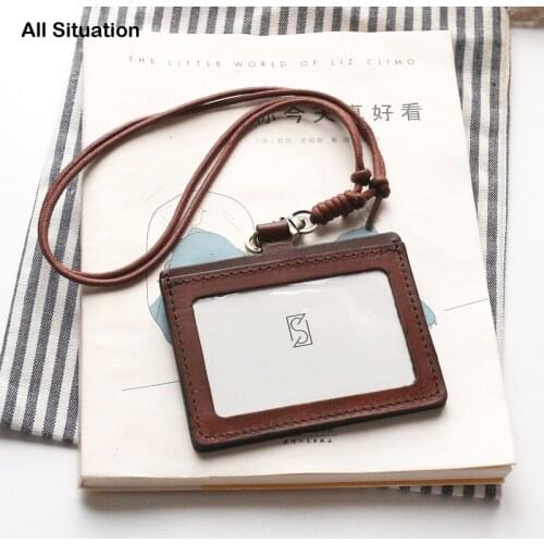 Luxury Cross Office Identity Badge Holder First Layer Cow Leather Top Quality Luggage Tag ID Bus Card Case Neck Lanyard Keychain