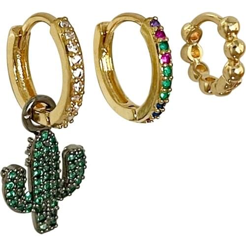 PerisBox Gold Color Small Hoop Earring Sets Cute Zircon Cactus Earrings Hoops Star Cross Lock Huggie Earring For Women