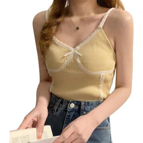 Lace Patchwork Ribbed Top Women Summer Sexy Backless V-neck Short Camisole Casual Spaghetti Strap Solid Camis Streetwear
