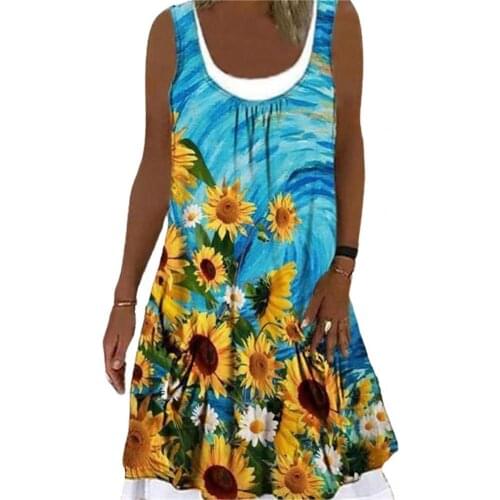 Vintage Women Dress Plus Size O Neck Large Hem Casual Female Sundress Fake Two Pieces Sleeveless Women Beach Dresses платье