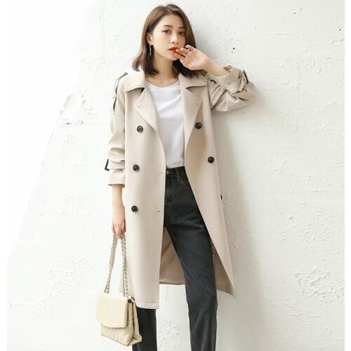 2021 Spring New Korean Retro British Casual Coat Double Breasted Medium Length Waist Windbreaker for Women