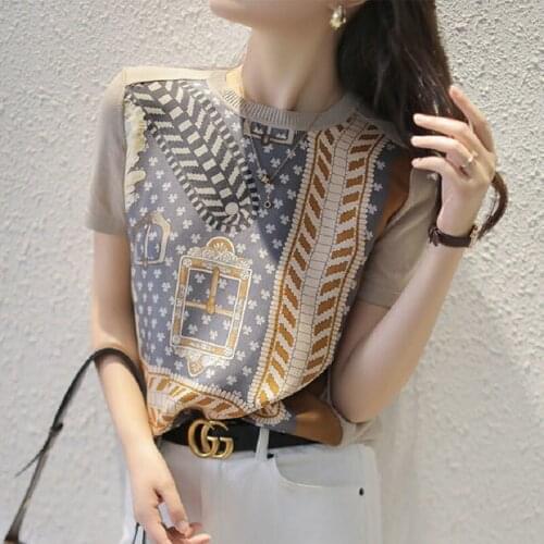 Knitted T-shirt Womens Short Sleeve Loose Summer Womens 2021 New Fashion Splicing Chiffon Top