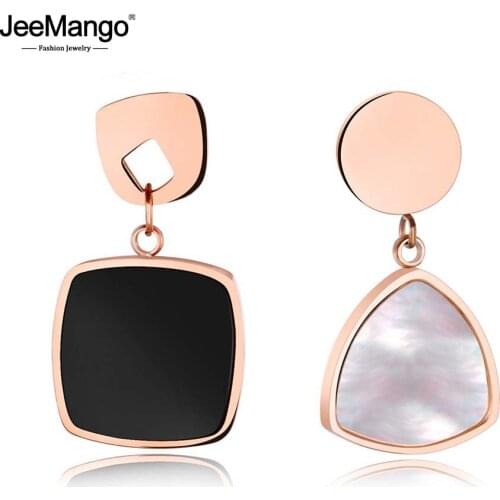 JeeMango Trendy Black/White Shell Geometric Triangular Motherfish Asymmetrical Earrings Female Titanium Steel Earrings JE17076