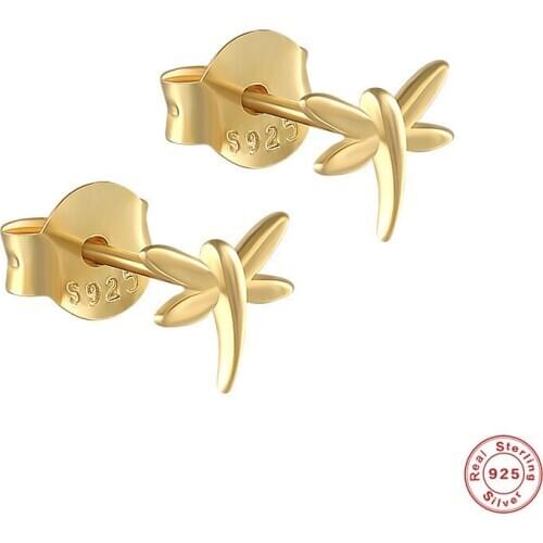 100% 925 Sterling Silver Animal Small Dragonfly Stud Earrings for Women