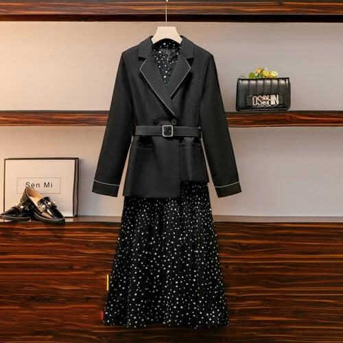 Large size 4xl black suit + polka dot dress set 2021 spring autumn new slim suit chiffon polka dot dress two-piece women s92