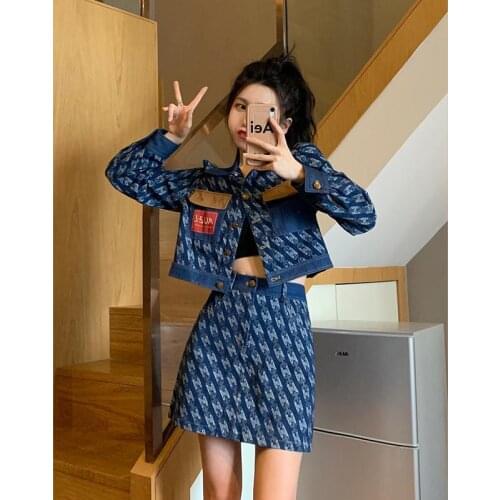 Cowboy Suit Female Autumn 2021 New Retro Denim Jacket + Chic Skirt Two-piece Suit Coat Dress Woman