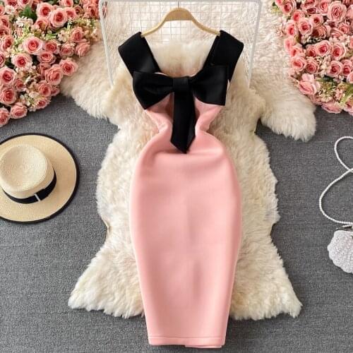 Sweet Bowknot Hit Color Backless Sexy Prom Party Dresses for Women Summer Clothes Sleeveless Slim Bodycon Cocktail Vestidos