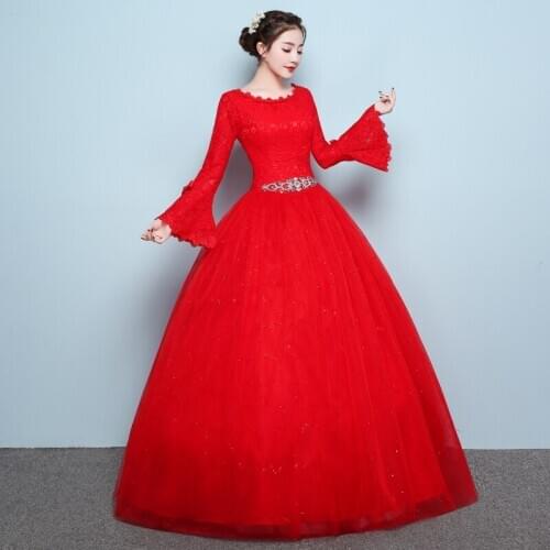 2021 summer new bride wedding dress red boat neck tutu long sleeved lace Crystal Belt Stock Bridal Gowns Vestidos de novia