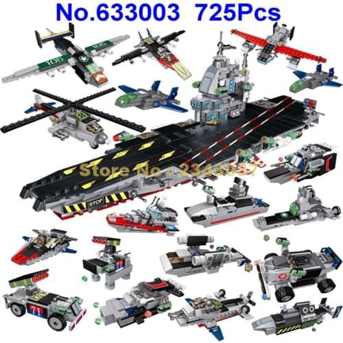 633003 725pcs 8in1 Military Nuclear Power Aircraft Carrier Helicopter Fighter Warship Building Block Toy