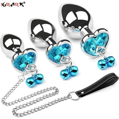 Crystal Heart Buttplug Stainless Steel Leash Chain Anal Plug Bells Pendant Prostate Massager SM Erotic Sex Toys For Women Men