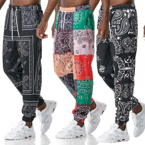New Color Block Paisley Print Casual Pants Men Fashion Drawstring Full Length Pants Harajuku Style Pencil Pants Male