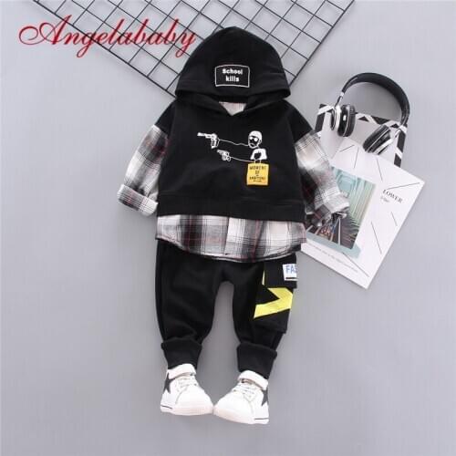 2020 Kids Fashion Clothes Suit Boys Plaid Hoodies Pullover Trousers Sweatshirts Outfit Long-sleeved Suit For Children Clothing