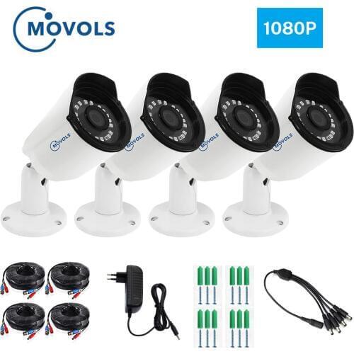 Movols 4 PCS Bullet 1080P Video Waterproof Indoor/Outdoor IR Nightvision Camera with 60ft CCTV BNC & DCplug Cable for DVR System