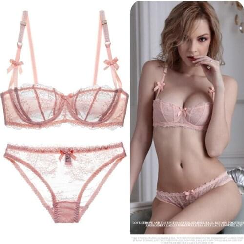 Sexy Lace Bra And Brief Set 1/2 Half Cup Breathable Lingerie Underwire Push Up Gather Bralette Ultra-thin Women Soft Underwear