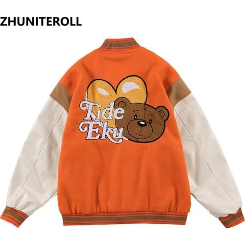 Towel Embroidery Heart Bear Bomber Jackets Hip Hop Block Patchwork Baseball Coats Streetwear Harajuku Fashion Casual Couple Tops