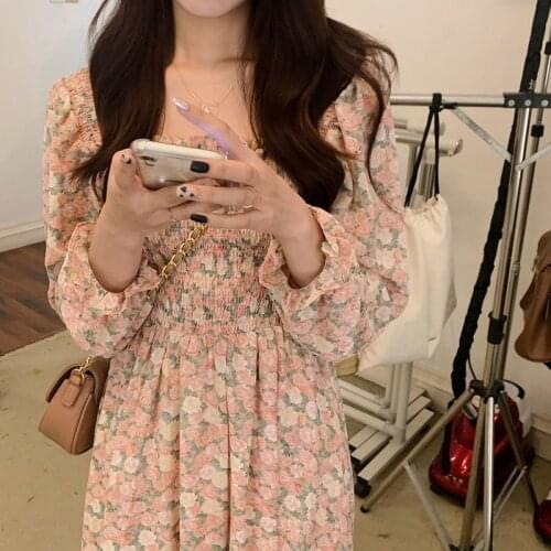 Elastic Waist Summer Women Print Dress Sweet Floral Mid-length Slim Chiffon Dress Female Casual Korean Beach Party Dress 2021
