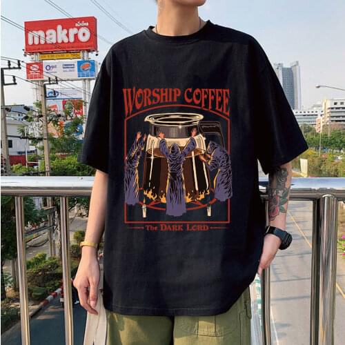 2021 Hot Sale Worship Coffee Printed Fashion Funny Couple Style Trip T-shirt Classic Summer Oversized Unisex High Quality Tshirt