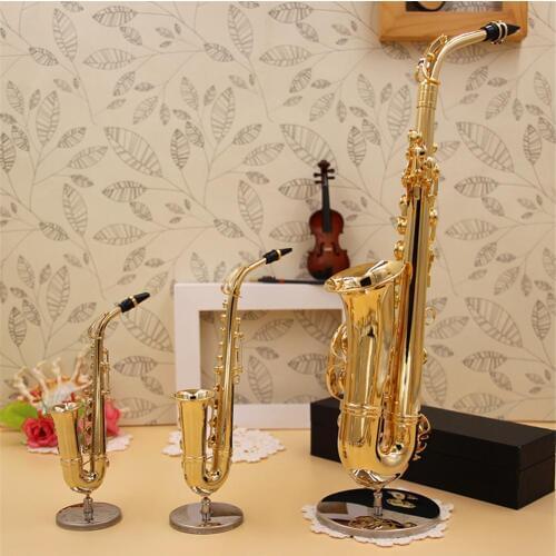 Mini Saxophone Model Musical Instruments Copper Brooch Miniature Desk Decor Display Sax Gold Color Pocket Sax Alto with Bracket