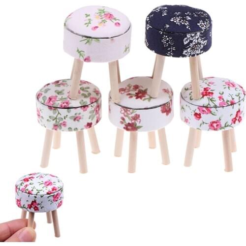1/12 Scale Dollhouse Miniature Furniture Round Floral Stool Chair ACC for Dolls House Decor Kids Children Pretend Play Toy
