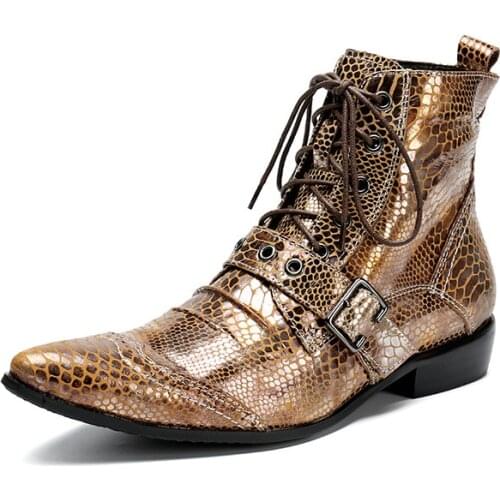 Mens Shoes Casual Personality Metal Pointed Toe Classic Retro Leather Crocodile Pattern High-heeled Mens Boots cowboy boots