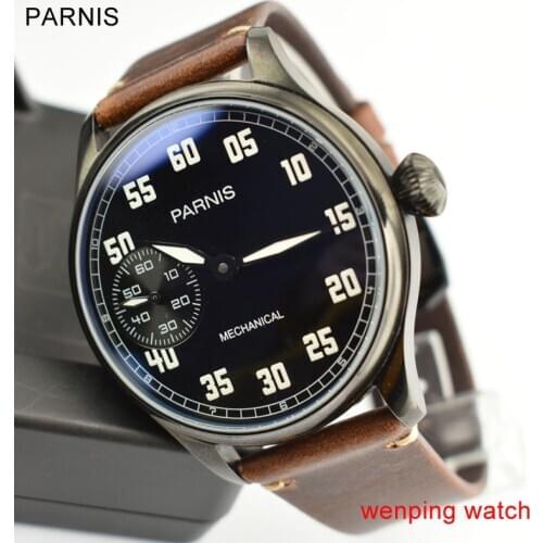 44mm PARNIS Brown Leather Strap Asia 6497 Hand Winding Movement Mens Watch W2529