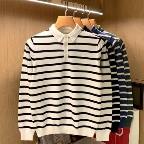 2021 Spring Autumn Casual Men Striped Turn-down Collar Long Sleeve Knitted Slim Fit Sweater Mens Pullover Knitwear Jumper E200