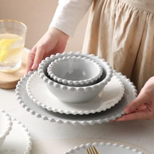 Ceramic Dinner Plates Set Bead Shape Edge Fruit Tray Tableware Food Dishes Rice Salad Noodles Bowl Soup Kitchen Desert Cook Tool