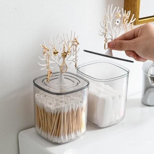 Desktop Storage Box with Small Tree Rack Transparent Cotton Swab Box Storage Organizer Jar for Cotton Swabs, Makeup Sponges