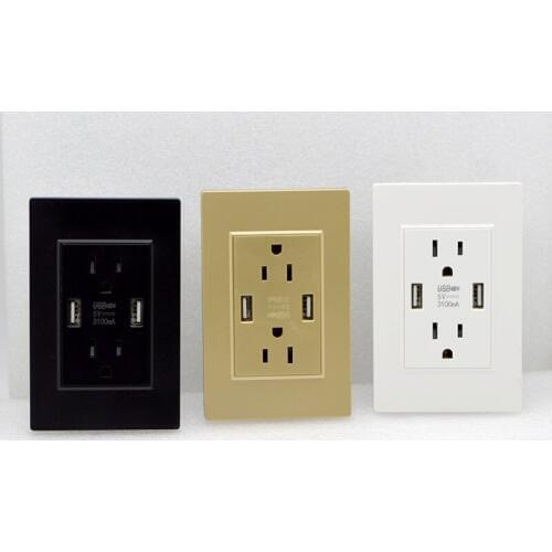 NEW Wall Socket with USB Intelligent Charging US standard Jack 15A 5V 3.1A Black, White Gold Socke Special Free Shipping