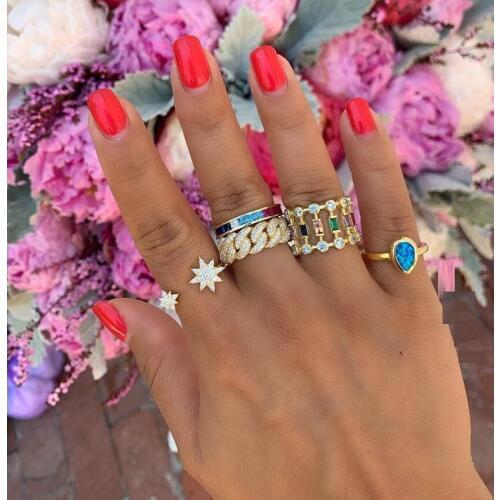 Multicolor Baguette T Ring Engagement Gold Rainbow colorful Stone Rings For Women Accessories Wedding Band