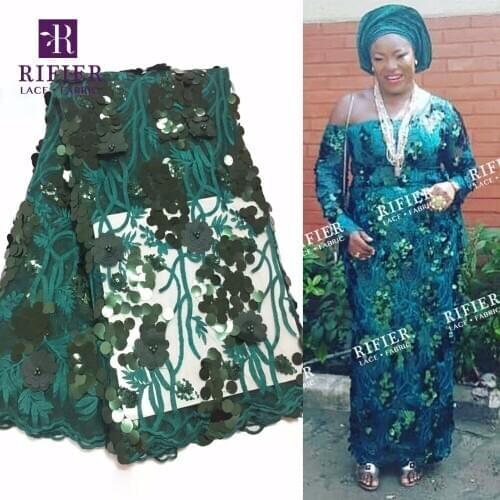 Christmas Green Color African Sequins Net Lace Fabric Beaded Sequined Embroidered Mesh High Quality 2019 3D Applique Tulle Laces