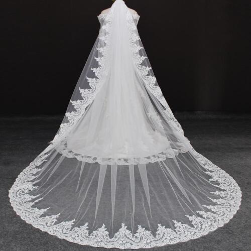 Cathedral Long Lace Wedding Veil with Comb One Layer High Quality 3 Meters Bridal Veil White Ivory Veil Voile Mariage