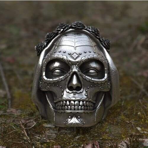 Unique Silver Color 316L Stainless Steel Santa Muerte Ring Rose Crown Sugar Skull Rings Womens Punk Biker Jewelry Gift