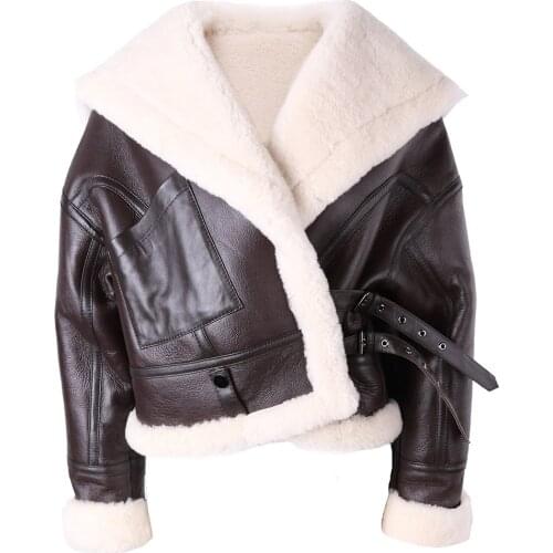 YOLOAagain Women Shearling Jacket With Lamb Fur Lining Leather Coat Ladies Oversized Outerwear